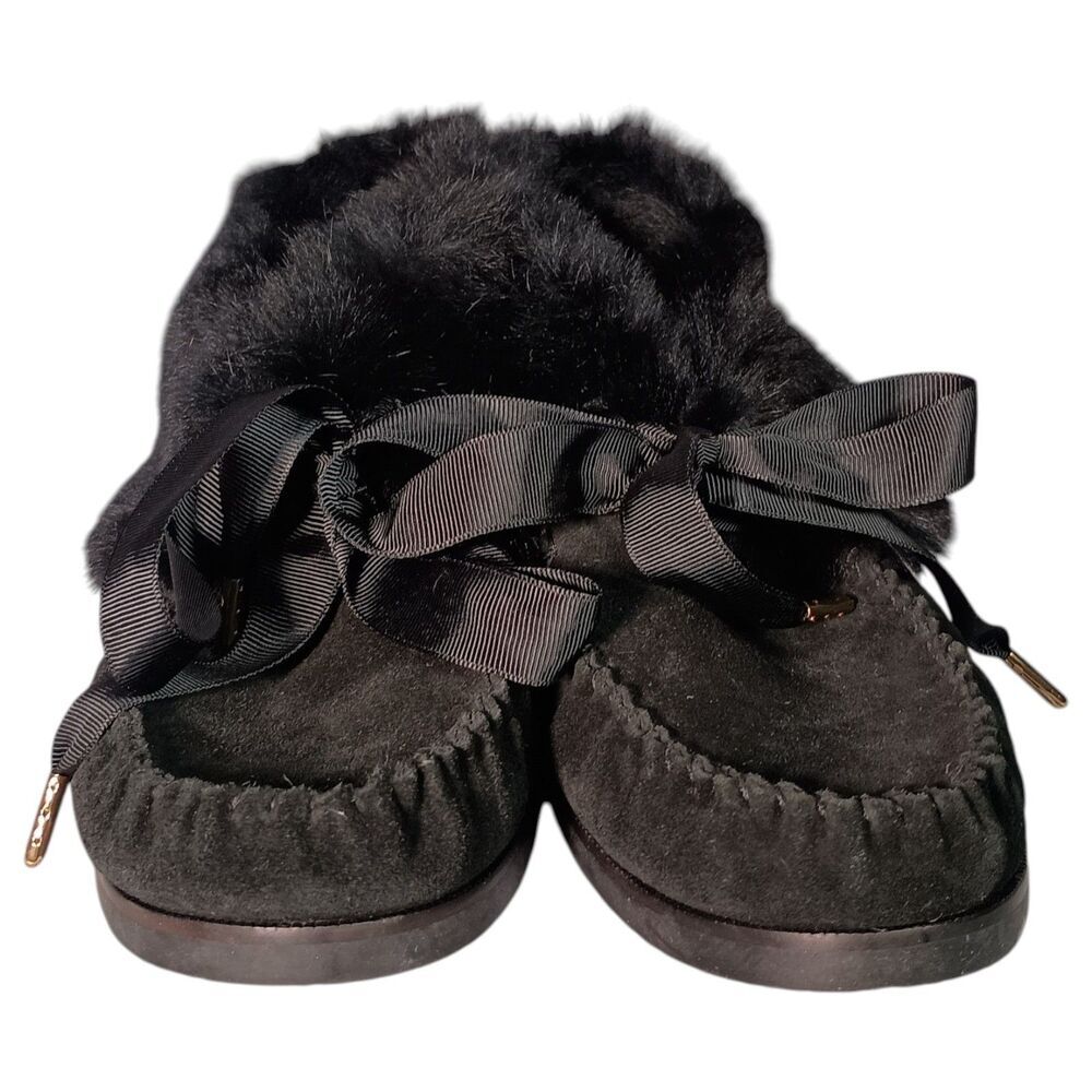 Tory Burch Aberdeen Slipper Moccasin Ankle Women 9 Leather Suede Shearling Black - Picture 5 of 13